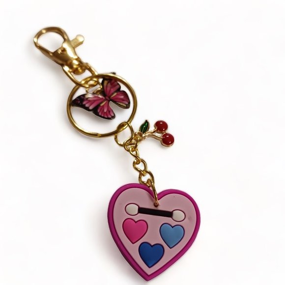 Gold Tone Butterfly and Pink Heart Palette Key Ring Purse Charm - Picture 1 of 3